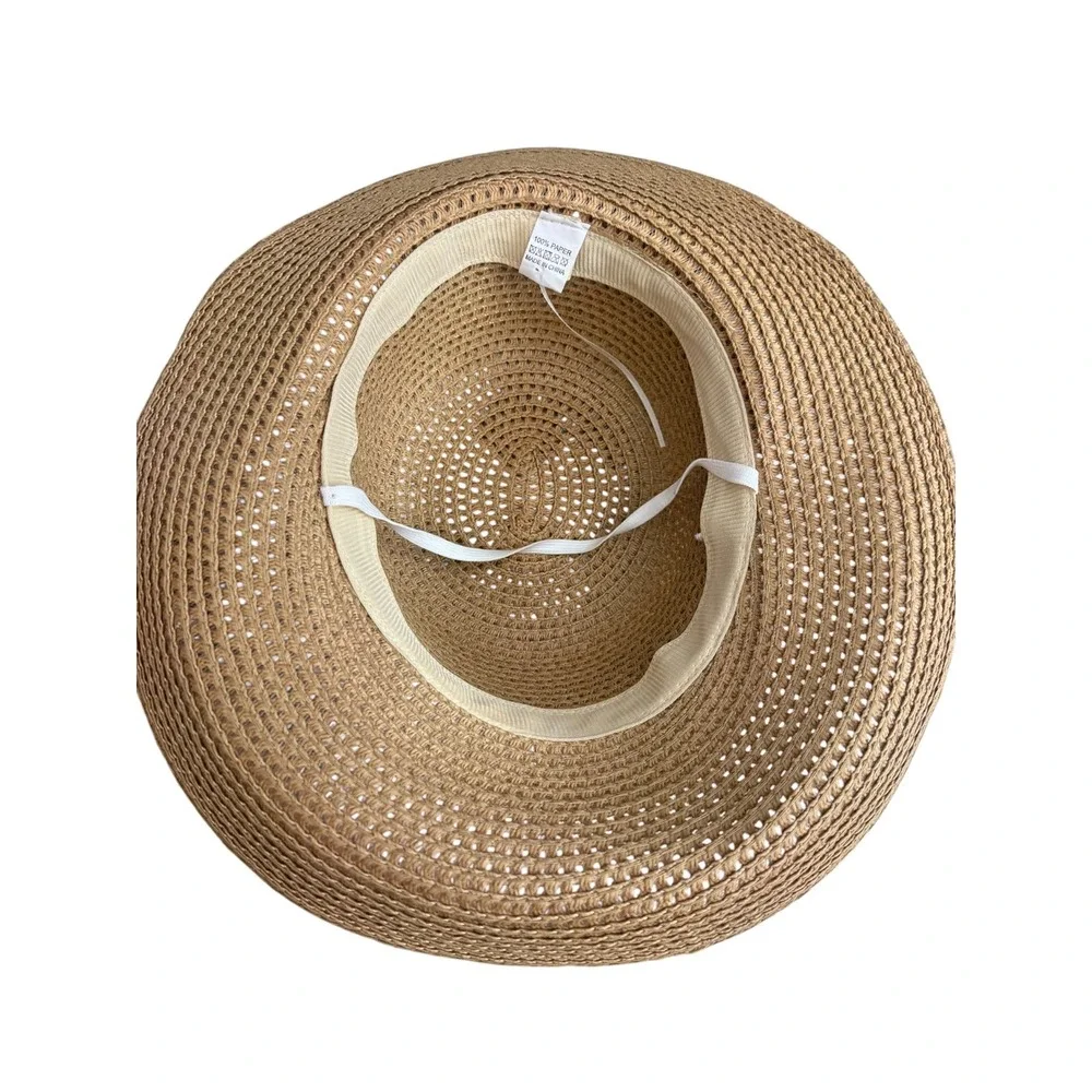 Woven Paper Straw Sun Hat with Large Olive Green Back Bow and Chin Strap